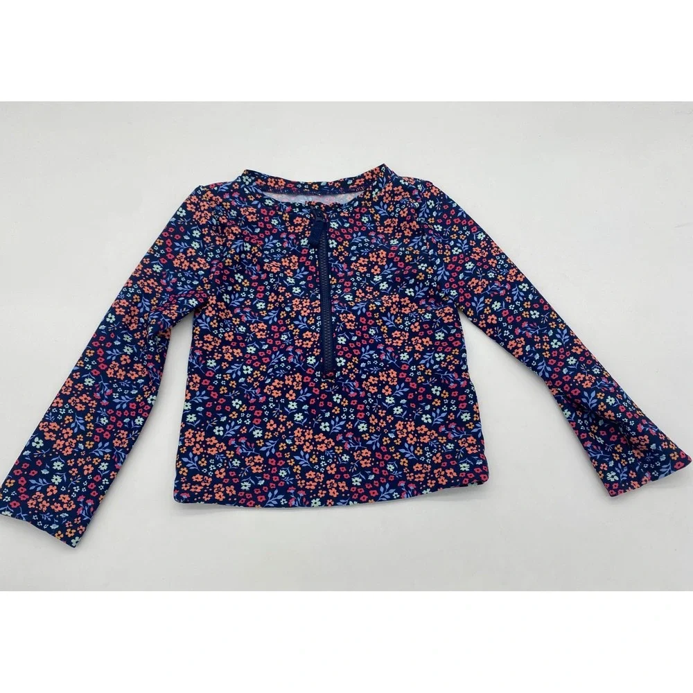 Simple Joys by Carters Girls 2T Navy Floral Long Sleeve Rash‎ Guard Swim Top Zip